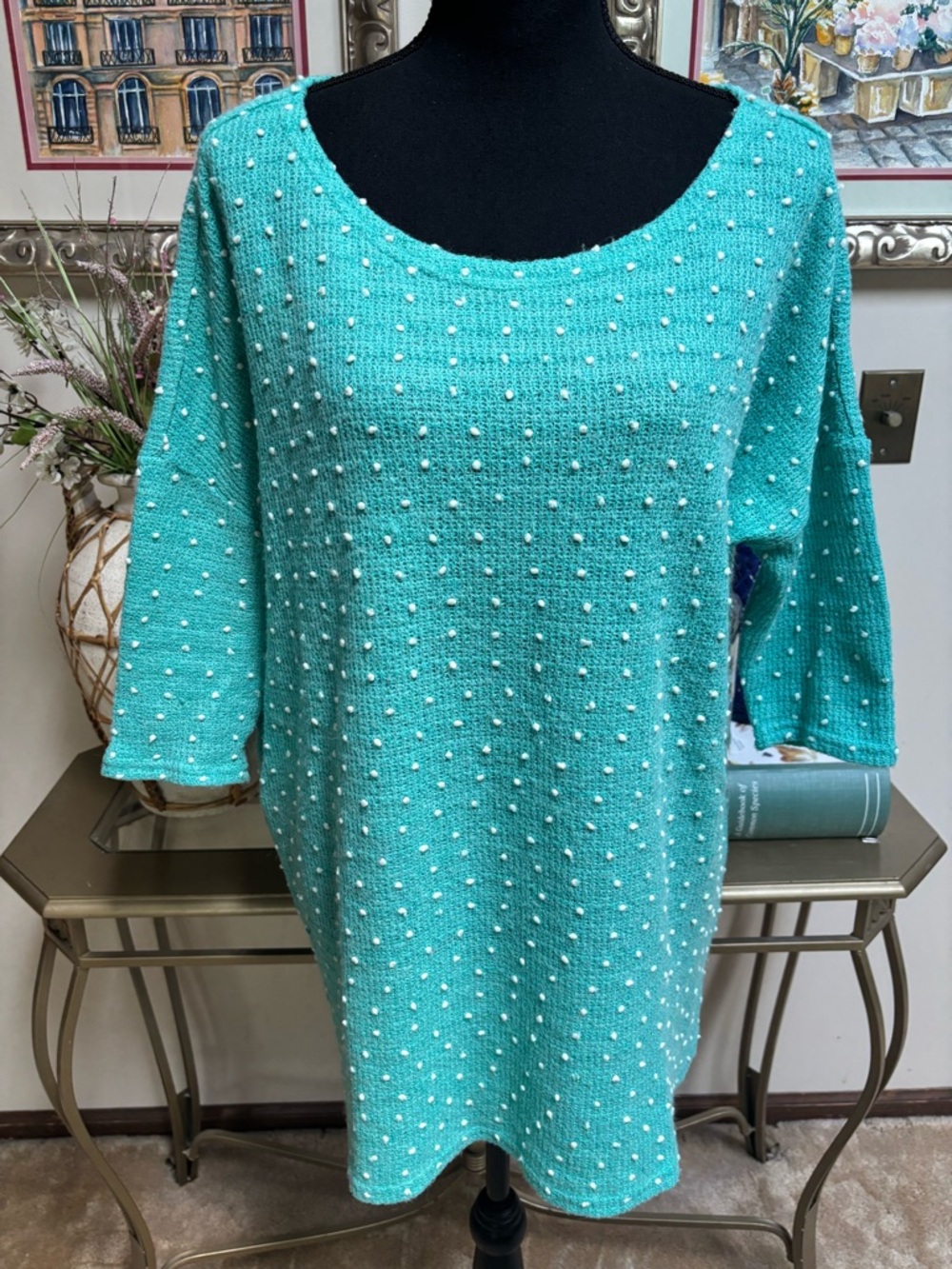 Fantastic Fawn Turquoise Knit Top Pearl Dots Cotton Blend Relaxed Tunic Size XL+
